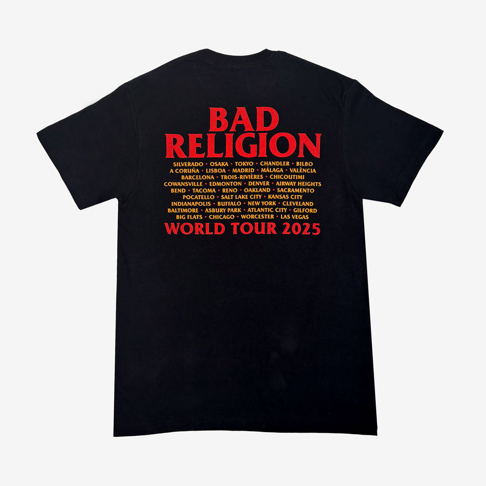 Black t-shirt with red and yellow text reading "BAD RELIGION WORLD TOUR 2025" along with city names from the 2025 tour