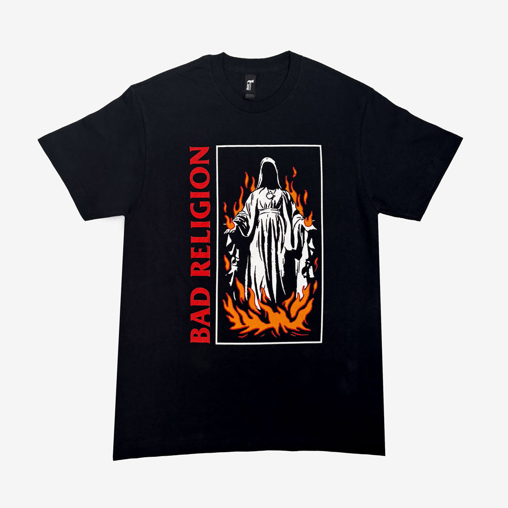 Black t-shirt with graphic or a nun on fire next to red text reading "BAD RELIGION" 