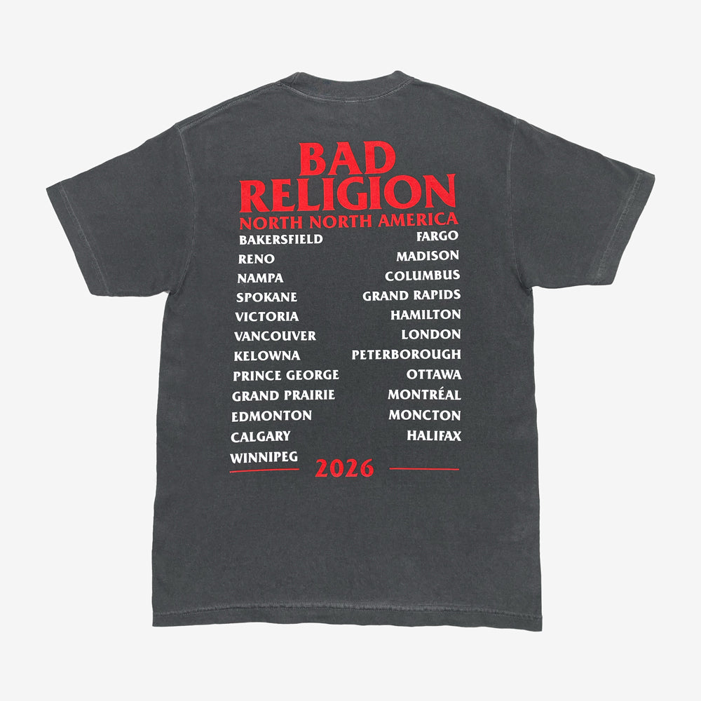 Faded black Bad Religion Classic Buster Tee with red band lettering, white tour cities, and red 2026 text.