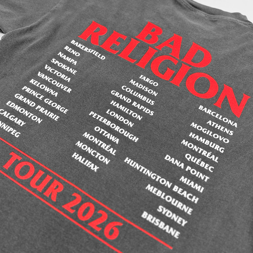 Close-up of Bad Religion’s tour city list, including Dana Point, beneath red band lettering and above Tour 2026 text.