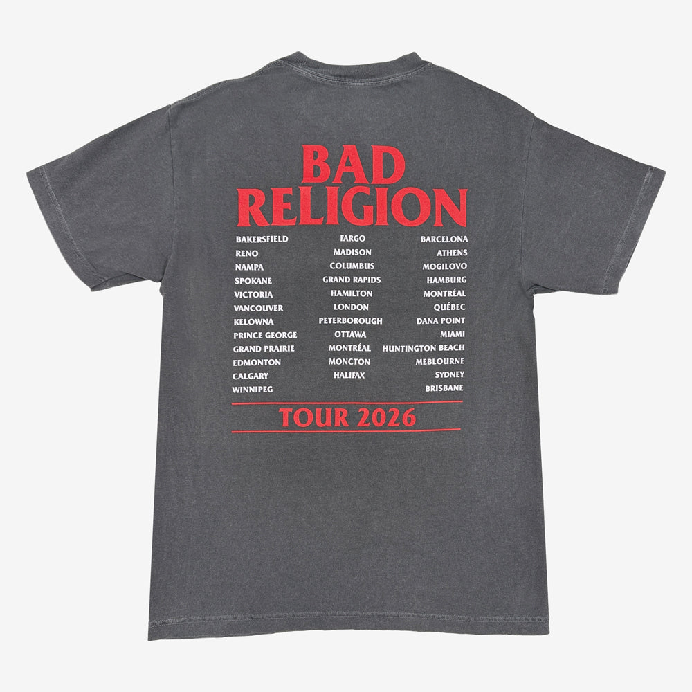 Faded black Bad Religion Classic Buster Tee with red band lettering and a black cross inside a red prohibition symbol.