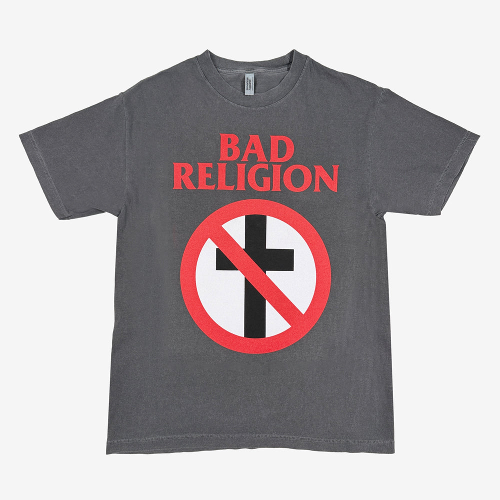 Faded black Bad Religion Classic Buster Tee with red band lettering and a black cross inside a red prohibition symbol.
