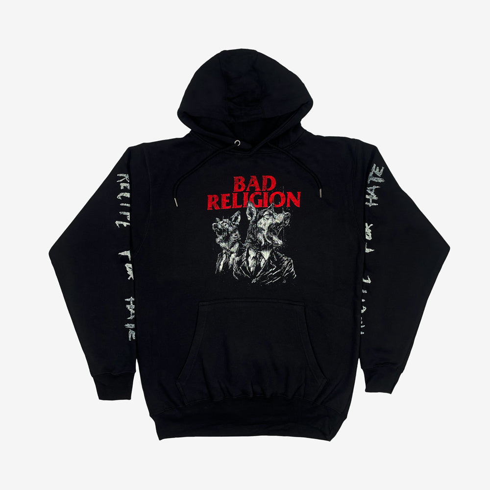 Front of a black pullover hoodie against a white background featuring a design of two dogs wearing suits printed in light gray ink. Above the dogs in red text it reads Bad Religion." There is text on the sleeve in light grey reading "Recipe for Hate."