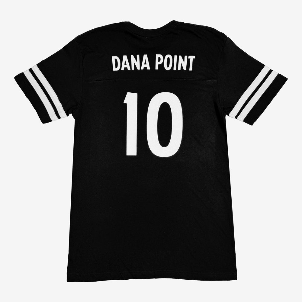 Eddie Vedder Dana Point Football Tee in black with white sleeve stripes, Dana Point lettering, and number 10 on back