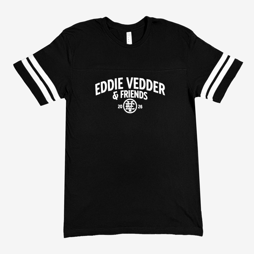 Eddie Vedder Dana Point Football Tee in black with white sleeve stripes and Eddie Vedder & Friends chest graphic