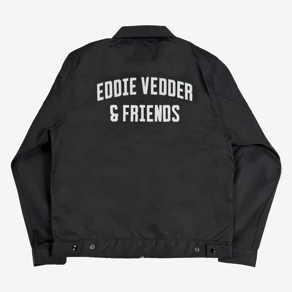 Black Eddie Vedder Dana Point Work Jacket with white Eddie Vedder & Friends lettering across the upper back