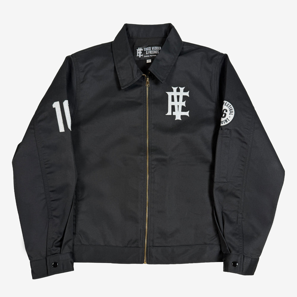 Eddie Vedder Dana Point Work Jacket in black with zip front, white chest monogram, and sleeve patches