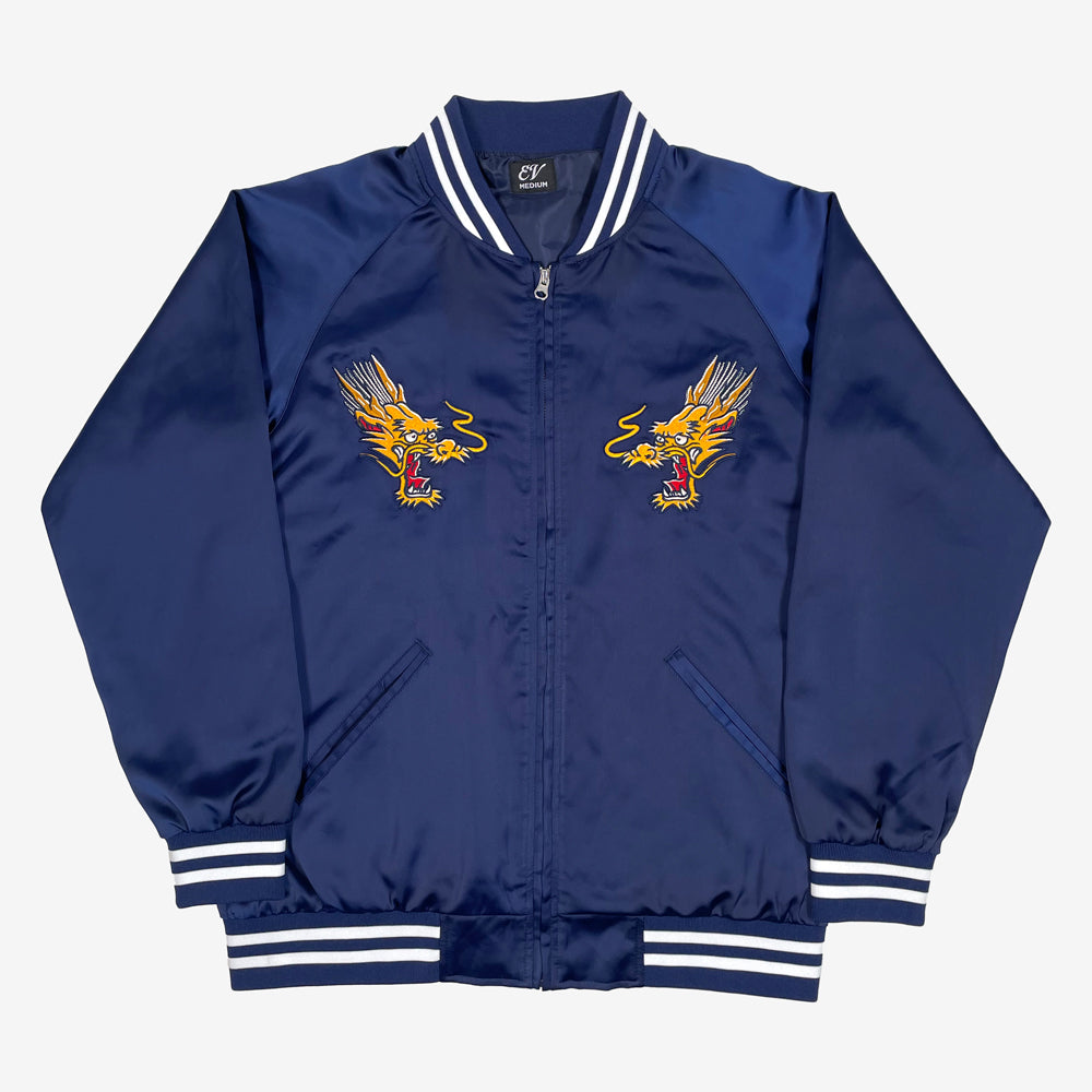 Navy jacket with white stripes on the collar, cuff, and hip against a white background. On both sides of the chest is a design of a dragon's head.