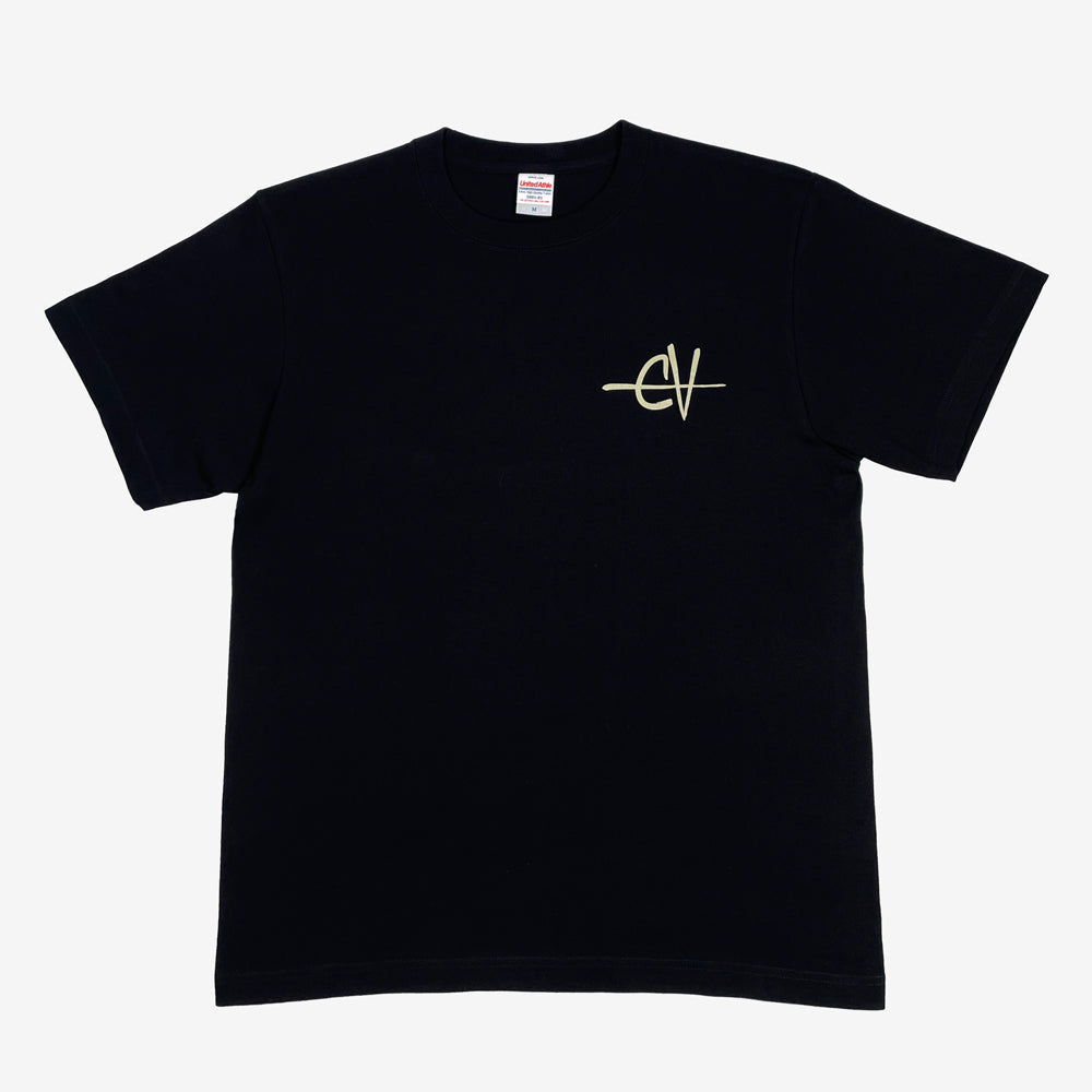 Black T shirt against a white background with a light beige text design on the chest of the letters "EV"