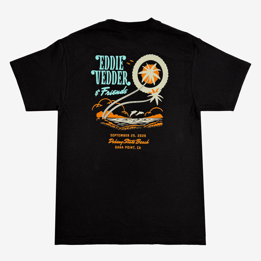 Black Eddie Vedder & Friends Mod Sun tee with a small front chest logo and retro sun and ocean artwork on the back in turquoise, orange, and cream.