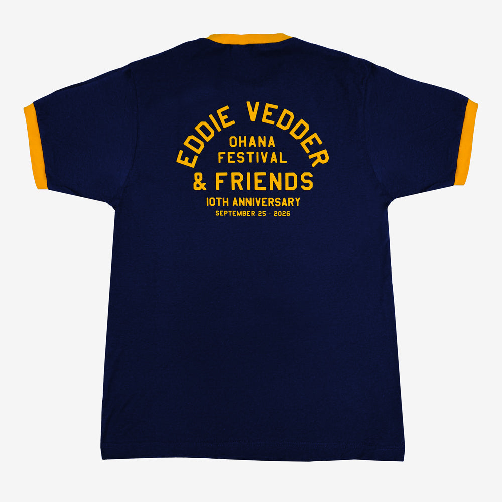 Eddie Vedder Moto Club Tee in navy with yellow Eddie Vedder & Friends Ohana Festival 10th Anniversary back graphic