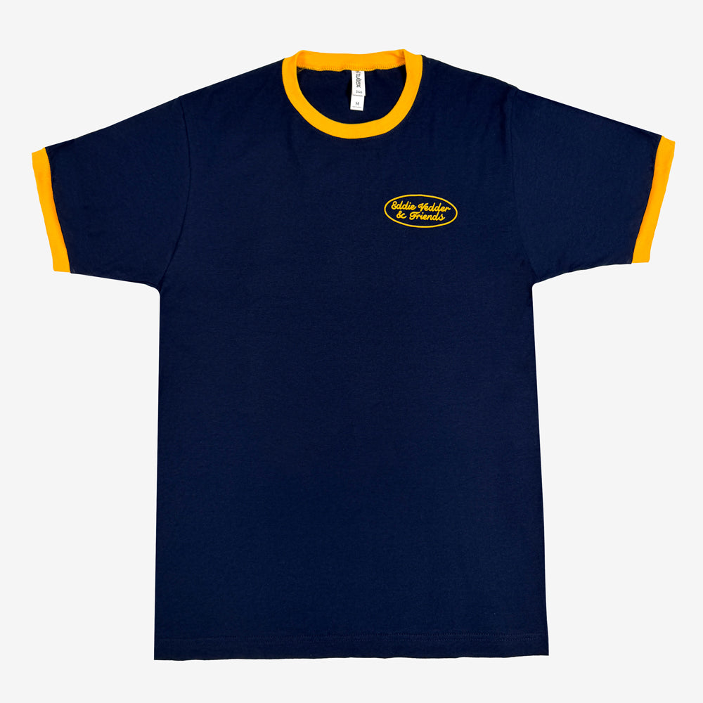 Eddie Vedder Moto Club Tee in navy with yellow trim and small Eddie Vedder & Friends chest graphic