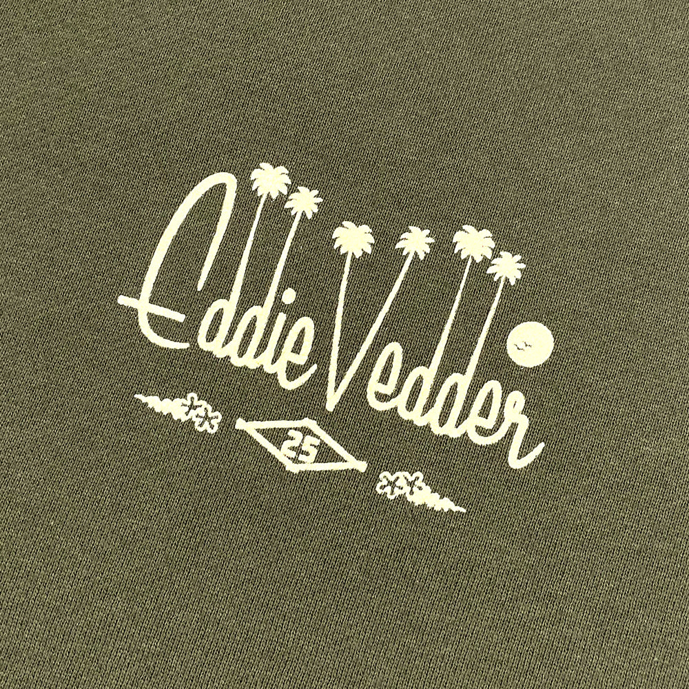 Close up of a green hoodie with text on the left front chest area reading "Eddie Vedder 25"