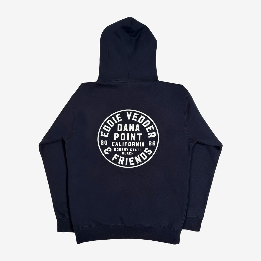 Eddie Vedder Union Pullover Hoodie in navy with large circular Dana Point Eddie Vedder & Friends back graphic