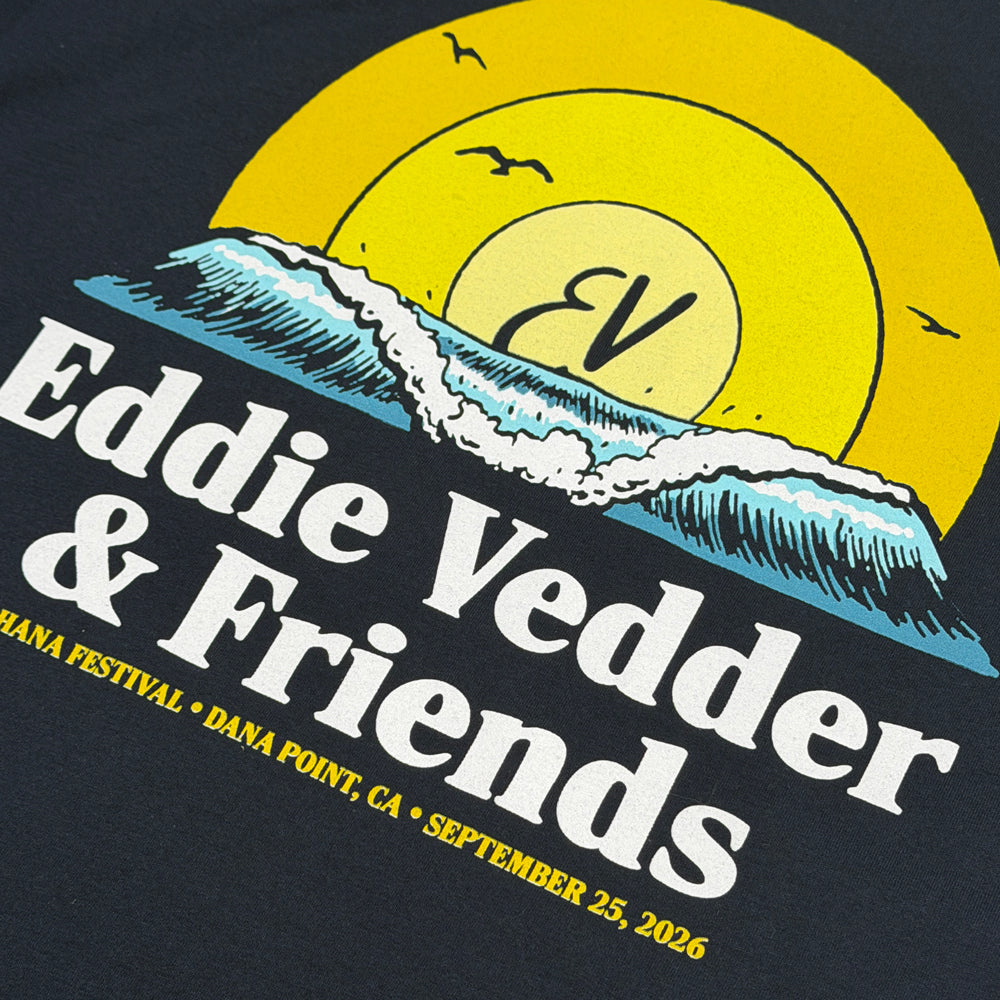 Close-up of sunset and wave Eddie Vedder & Friends graphic on navy Wave Tee