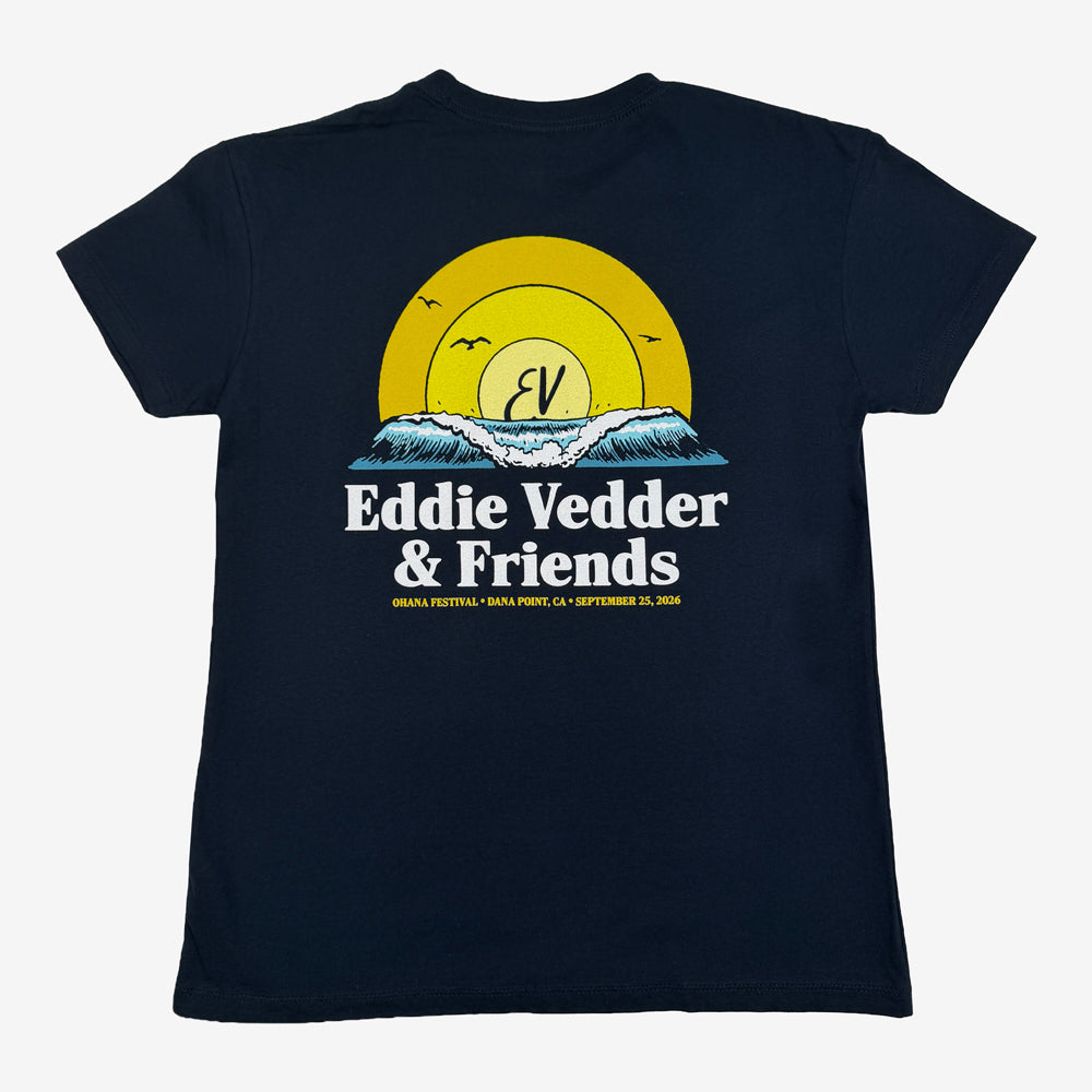 Eddie Vedder Wave Tee in navy with large sunset, ocean wave, and Eddie Vedder & Friends back graphic