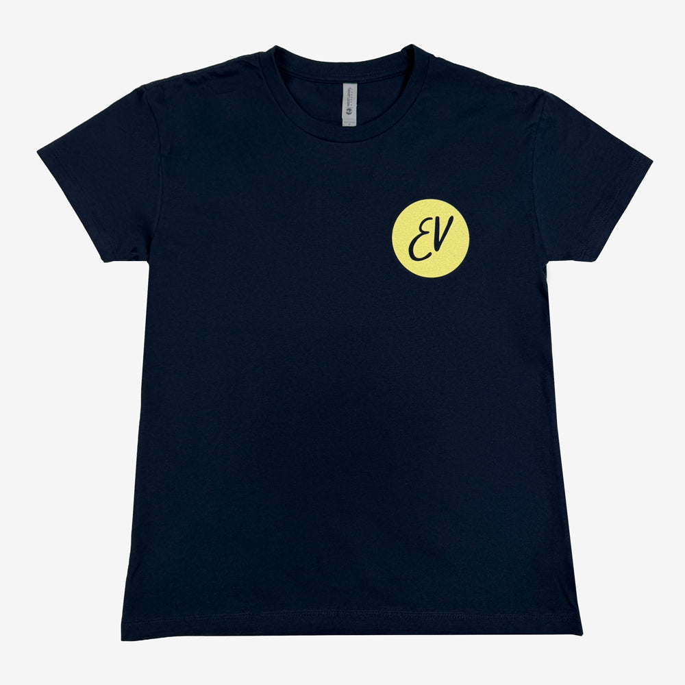 Eddie Vedder Wave Tee in navy with yellow EV circle graphic on left chest