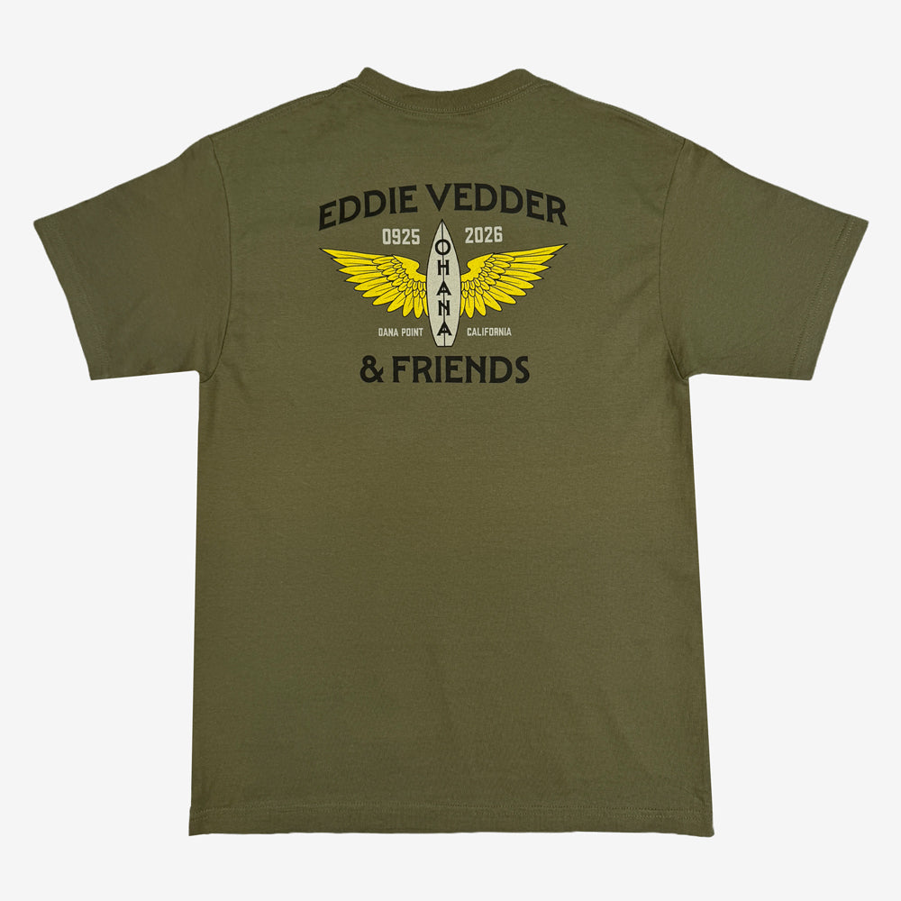 Eddie Vedder Wings Tee in military green with large Ohana winged surfboard graphic on back