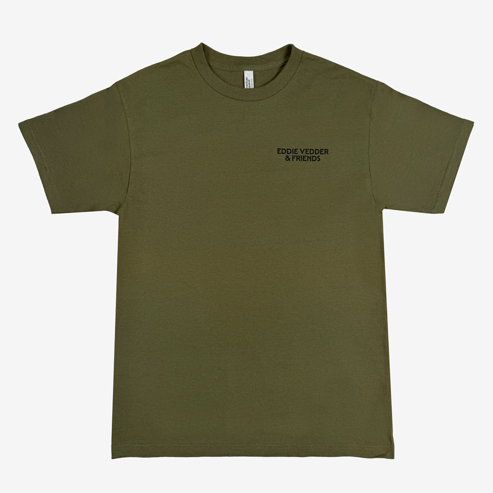 Eddie Vedder Wings Tee in military green with large Ohana winged surfboard graphic on back