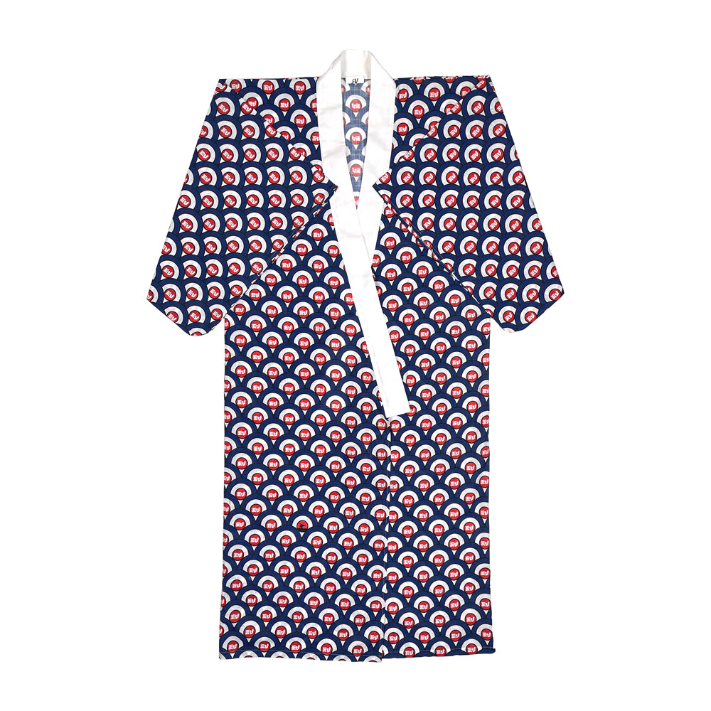 A Yukata against a white background. There is a red, white, and blue semi circle pattern throughout the whole Yukata. In the center of each semi circle is white text reading "EV"