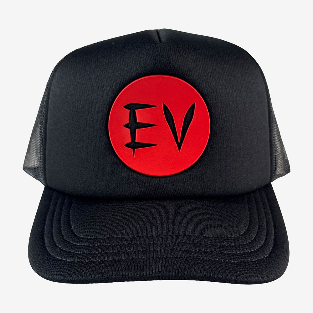 Black trucker cap with a red circular logo featuring the letters "EV" on a white background