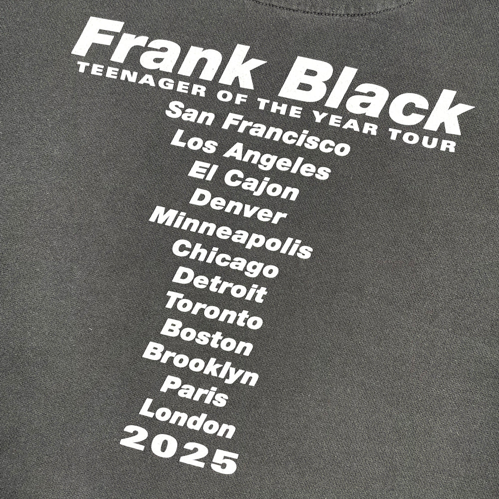Close up of a grey Frank Black sweatshirt back print against white background with white lettering reading "FRANK BLACK TEENAGER OF THE YEAR TOUR 2025" and lists the cities from the 2025 tour