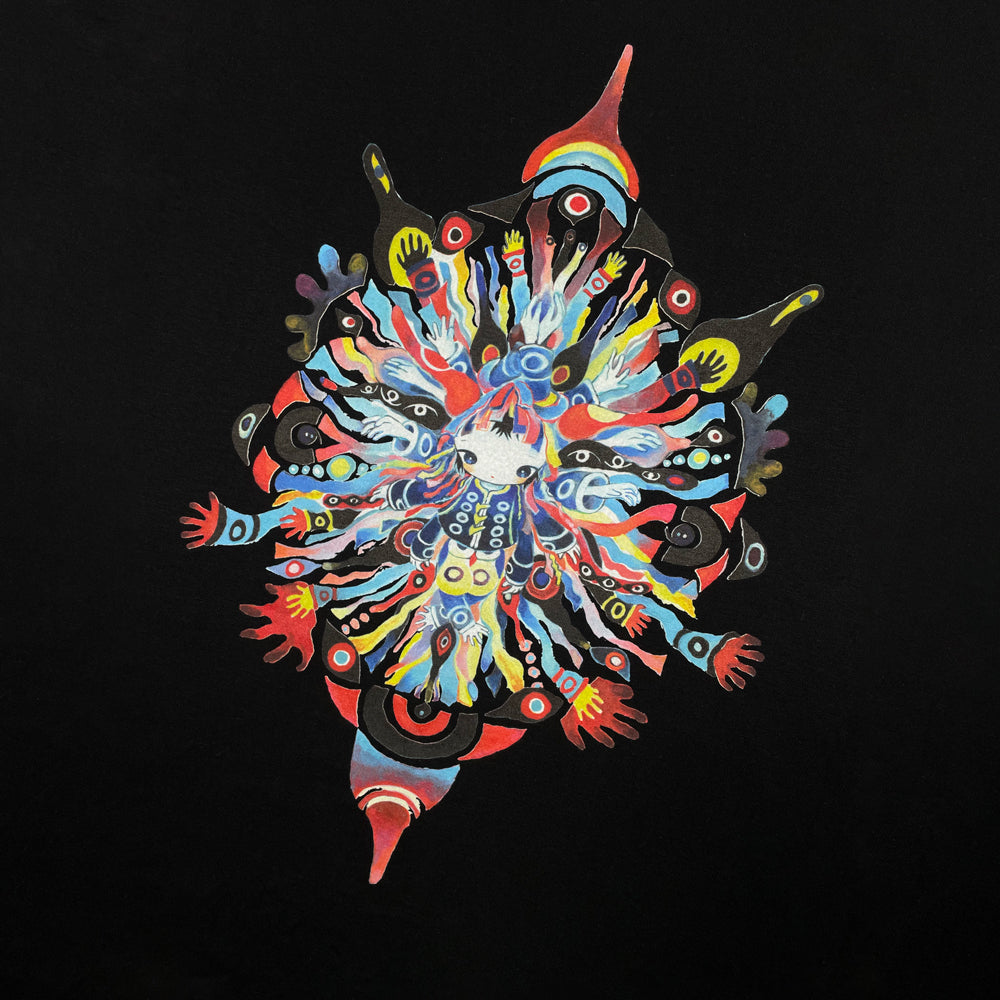 Close up of a black long sleeve tee with Kikuo's Hoshi-kun character design surrounded by abstract hands.