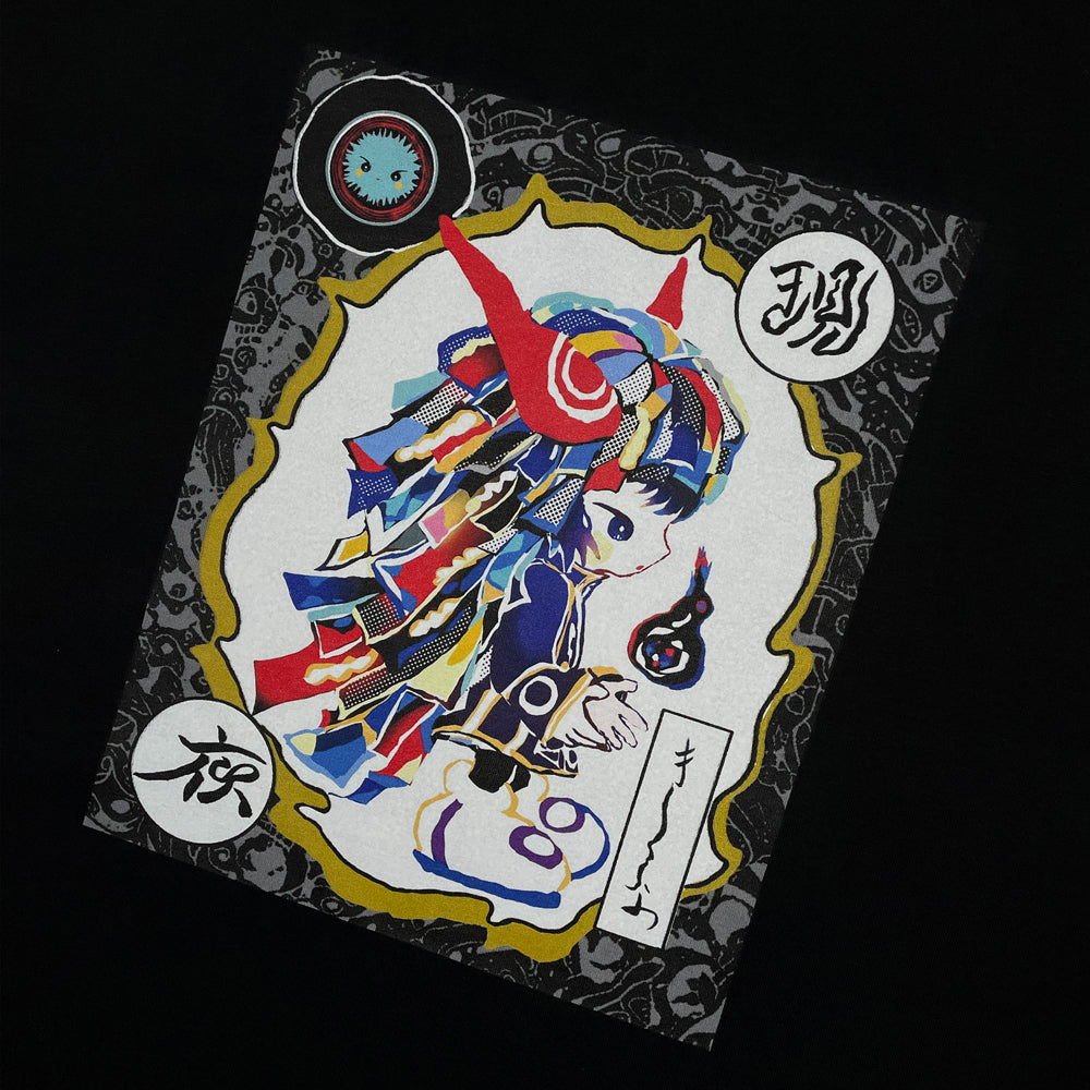 Close up of a black t-shirt with Kikuo's "Hoshi-kun" character and Japanese lettering