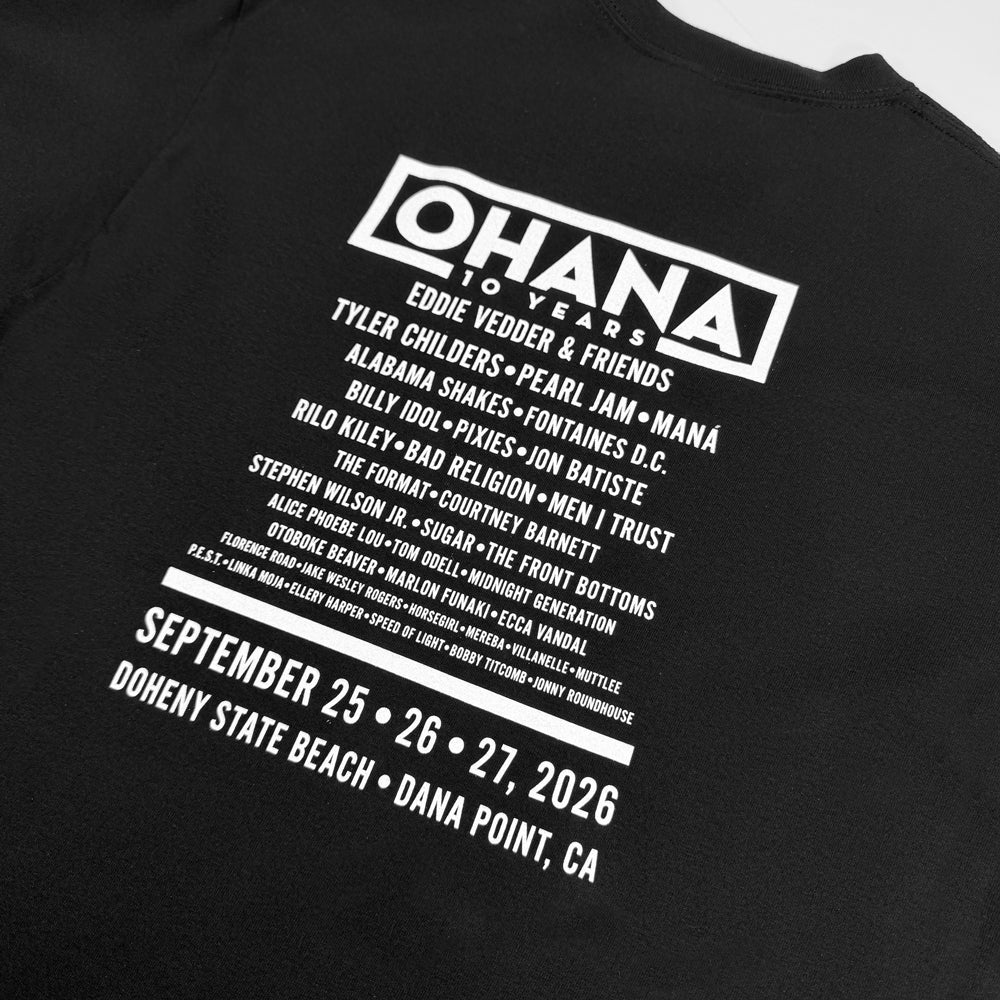 Close-up of the white Ohana 10 Years logo, artist lineup, September 25–27, 2026 dates, and Dana Point venue details.