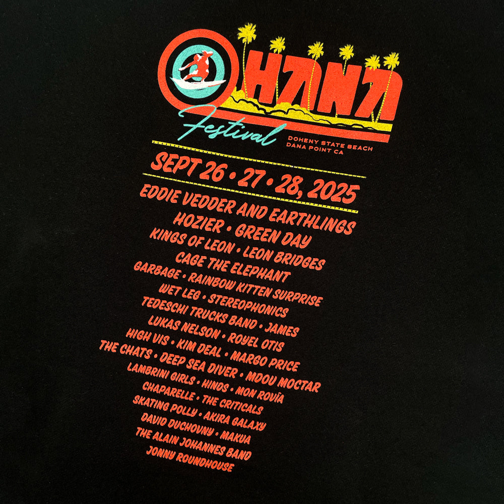 Close up of a black sweatshirt featuring list of all bands from the 2025 Ohana Festival and graphic which reads "Ohana Festival Doheny State Beach Dana Point CA"