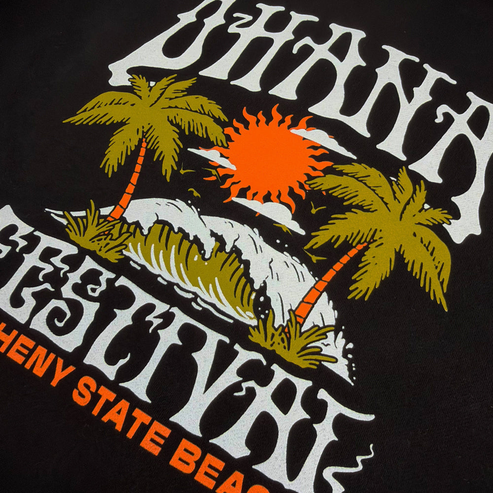 Close-up of the palms, breaking wave, orange sun, and Doheny State Beach lettering on the hoodie’s back.