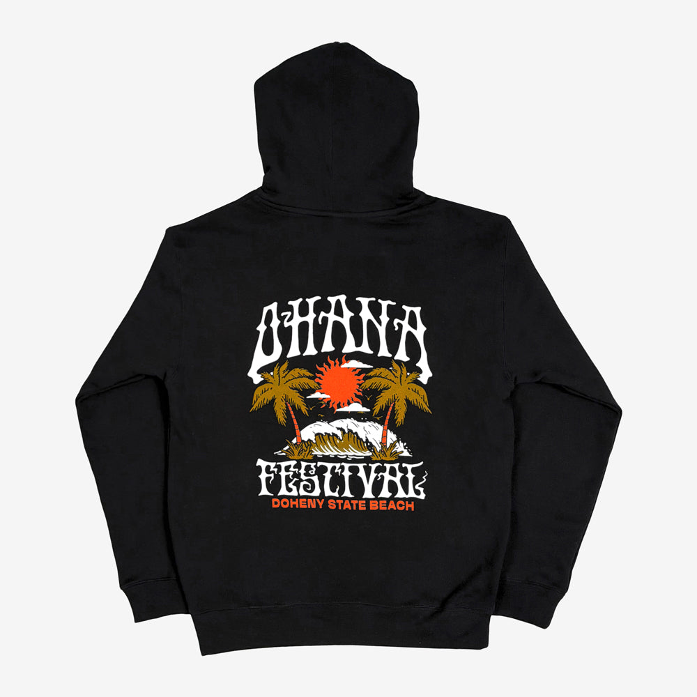 Black Ohana Acid Wave Hoodie with a large palm tree, wave, and orange sun graphic beneath Ohana lettering.