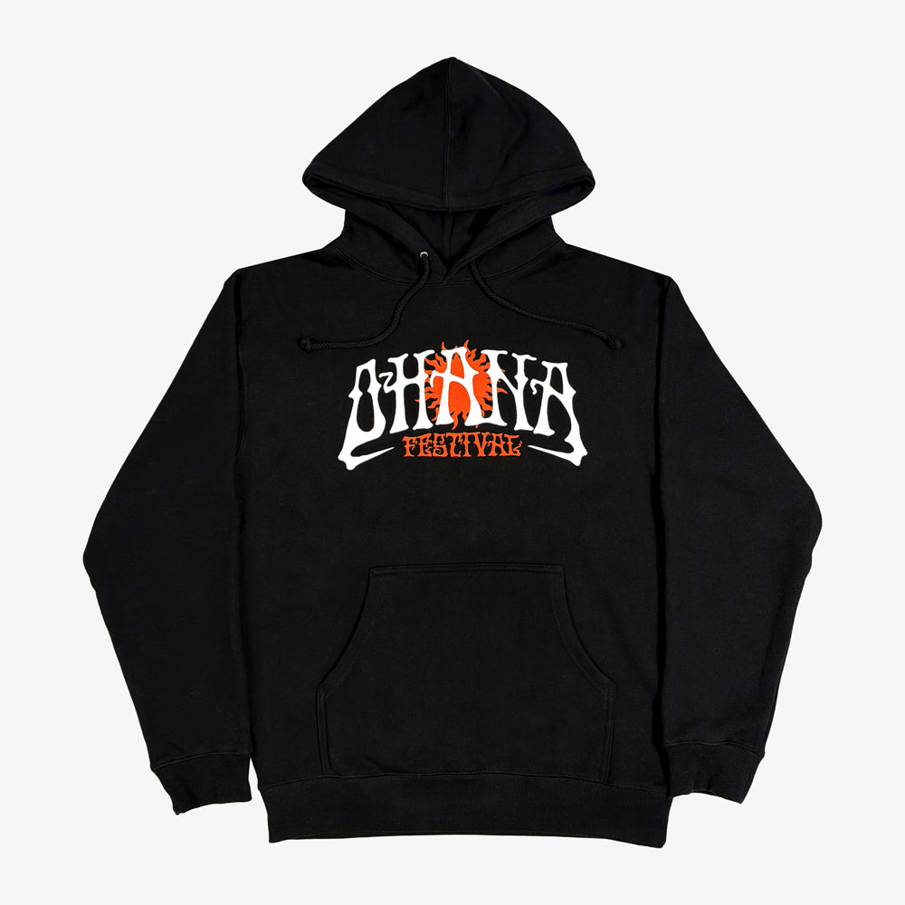 Black Ohana Acid Wave Hoodie with white festival lettering and an orange sun above the kangaroo pocket.