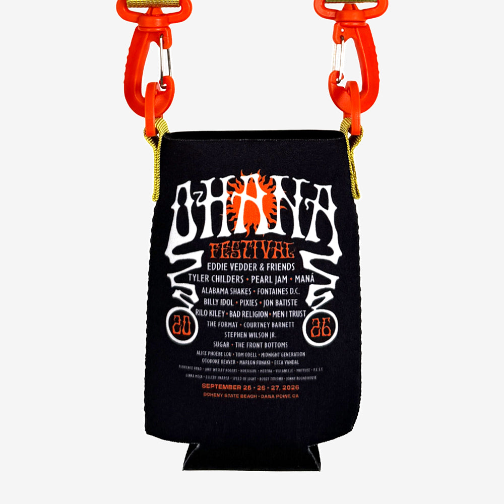 Back of the black Ohana Acid Wave Koozie with white and orange festival lettering and the 2026 artist lineup.