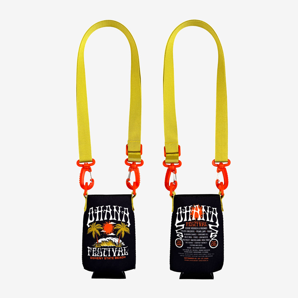 Front and back views of the black Ohana Acid Wave Koozie with a yellow carrying strap and orange clips.