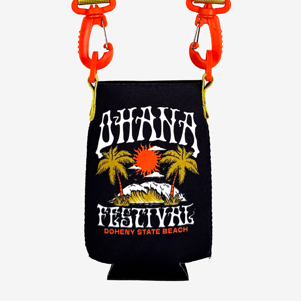 Black Ohana Acid Wave Koozie with palm trees, a breaking wave, an orange sun, and festival lettering.