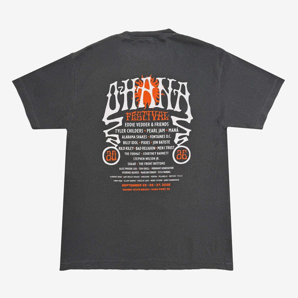 Faded black Ohana Acid Wave Tee with white lettering, olive-colored palms, a breaking wave, and an orange sun.