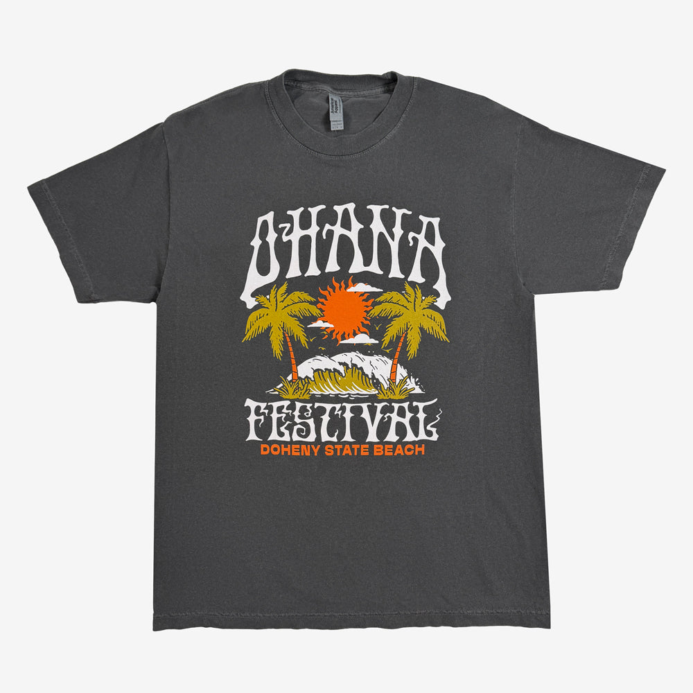 Faded black Ohana Acid Wave Tee with white lettering, olive-colored palms, a breaking wave, and an orange sun.