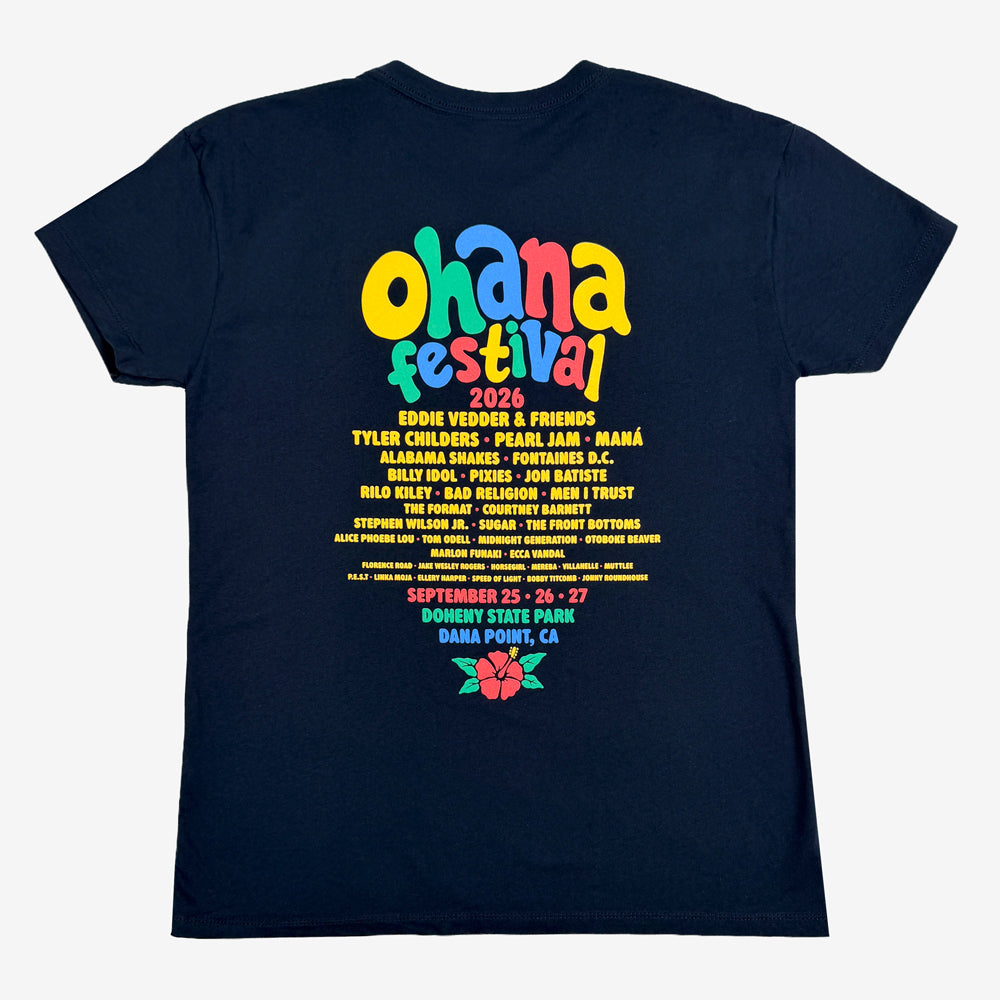 Navy Ohana Bubble Letters Tee with colorful festival lettering, a yellow artist lineup, and a pink hibiscus.