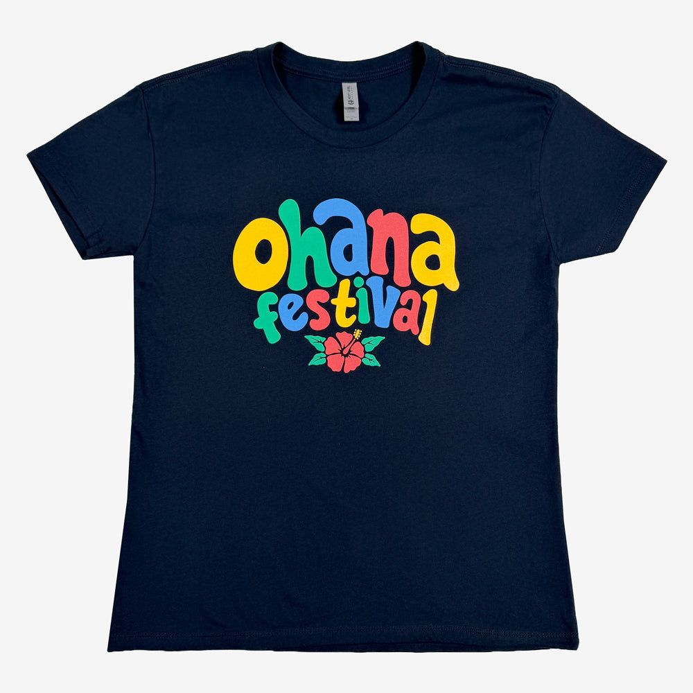 Navy Ohana Bubble Letters Tee with multicolor festival lettering and a pink hibiscus flower.