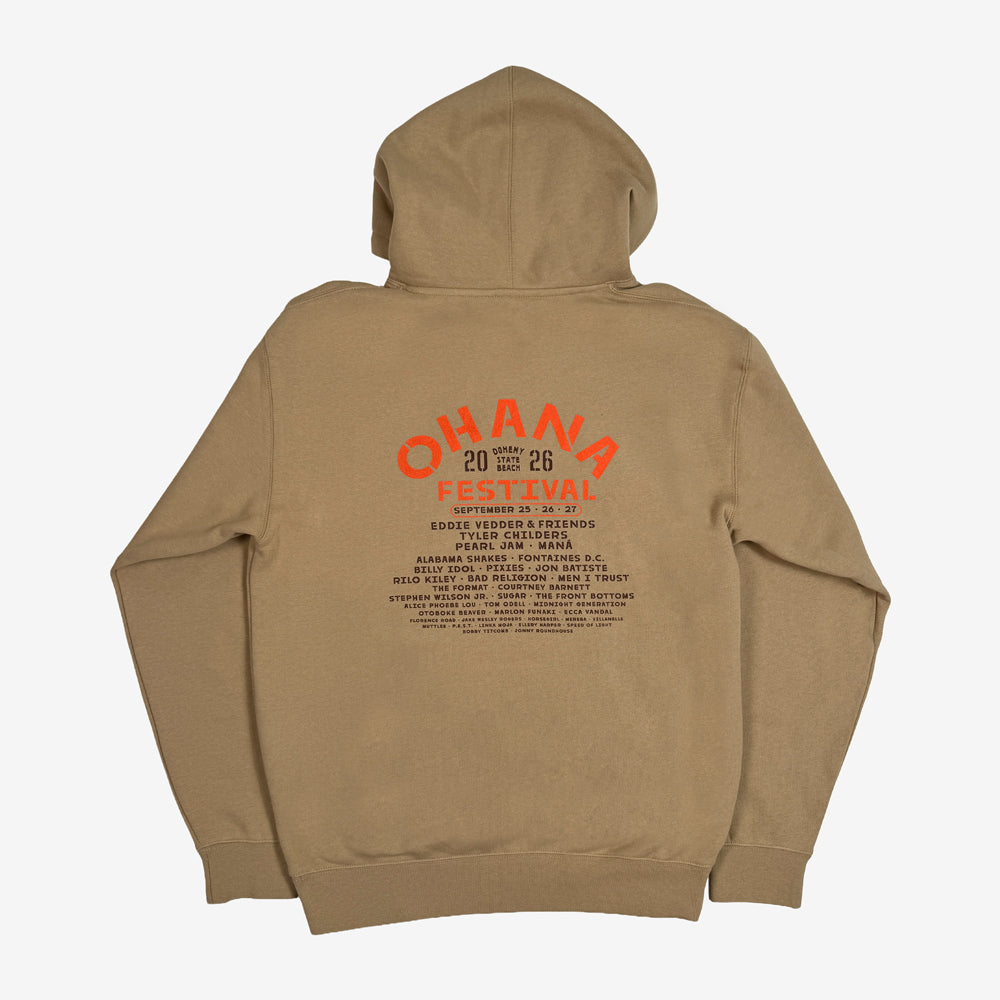 Sandstone Ohana Crossed Palms Hoodie with orange festival lettering and a black artist lineup.