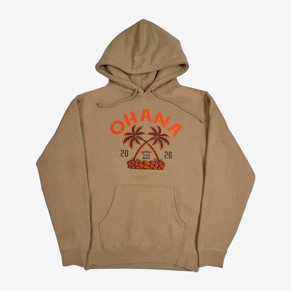 Sandstone Ohana Crossed Palms Hoodie with orange-and-black palm tree artwork above a kangaroo pocket.