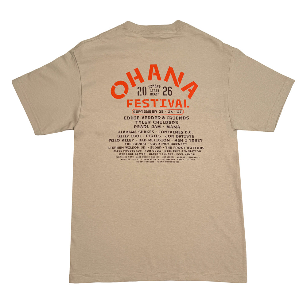 Sand Ohana Crossed Palms Tee with orange-and-black palm trees, Ohana lettering, and 2026 numerals.