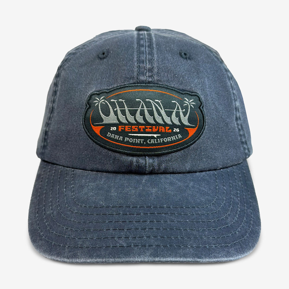 Washed navy Ohana Drop In Hat with an oval festival patch featuring palm trees and Dana Point lettering.