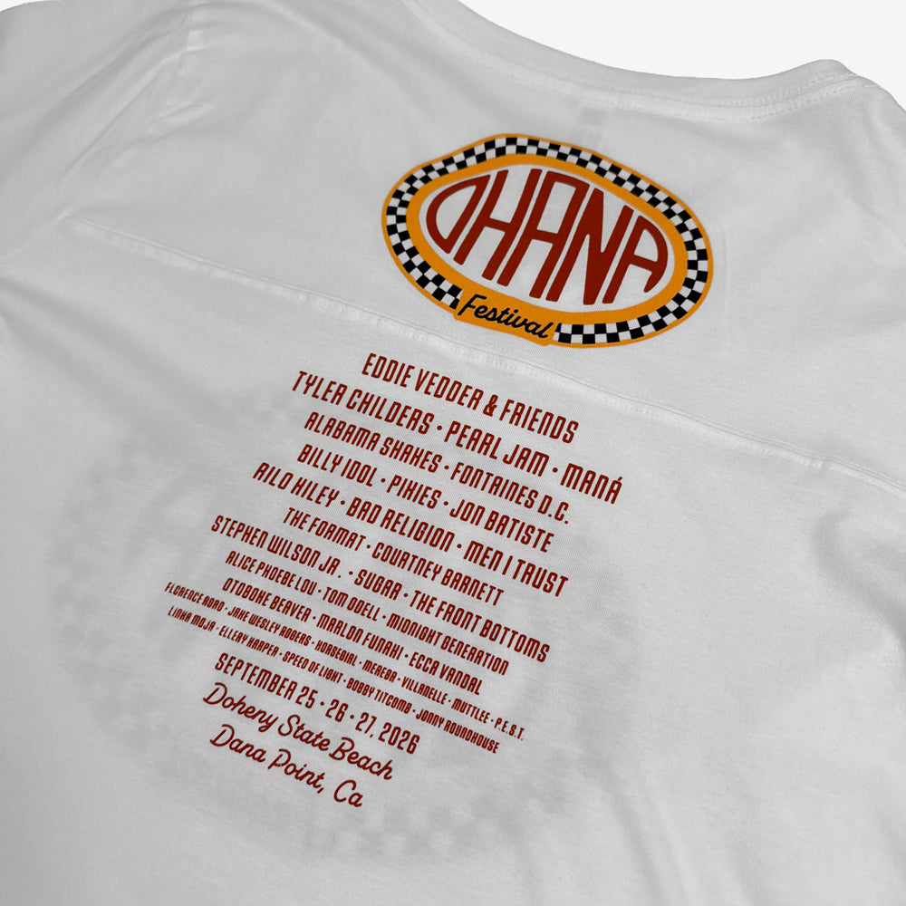 Close-up of the checkered Ohana logo, artist lineup, and event details on the white Grand Prix Tee’s back.