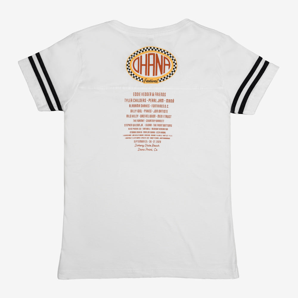 White Ohana Grand Prix Tee with black sleeve stripes, a checkered Ohana logo, and the artist lineup.