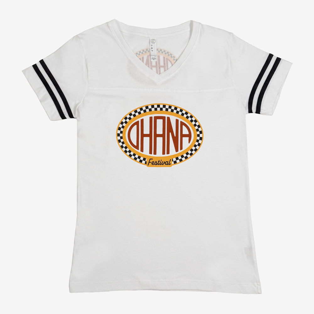White Ohana Grand Prix V-neck Tee with black sleeve stripes and an orange-and-black checkered oval logo.