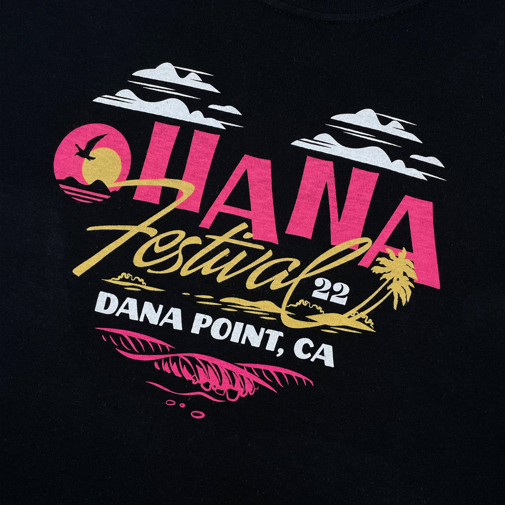 Close up of a black Ohana Festival tee front print with typography in the shape of a heart. Text reads "Ohana Festival 22 Dana Point, CA"