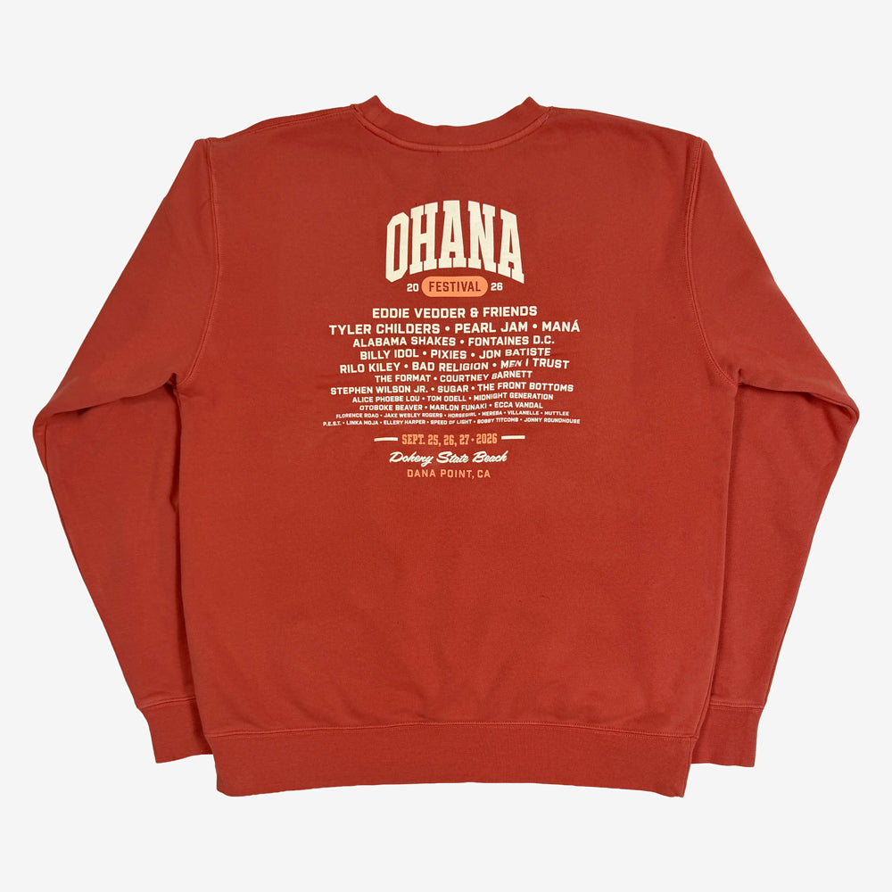 Amber Ohana Varsity Crewneck with cream Ohana lettering and the festival lineup above peach event dates.