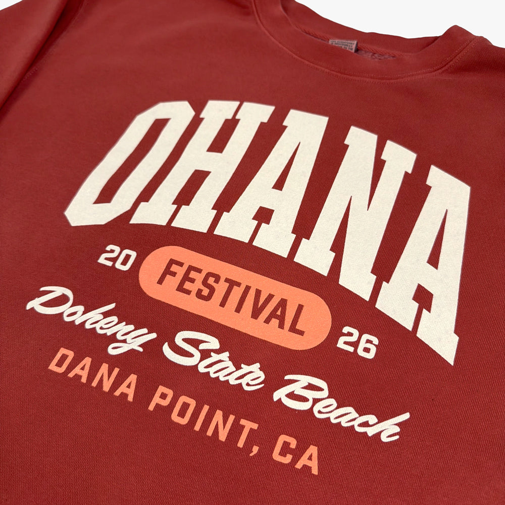 Close-up of cream Ohana lettering and Doheny State Beach and Dana Point details on the amber crewneck.